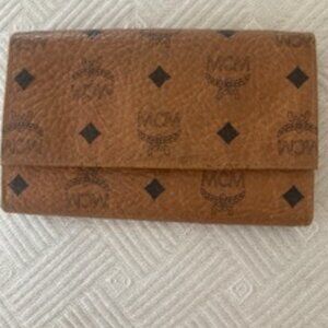 MCM Visetos Leather Wallet Printed gold tone hardware logo lining snap closure